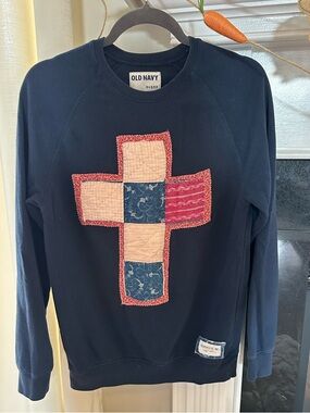 Old Navy Navy Sweatshirt with Pink and Blue Patchwork Cross